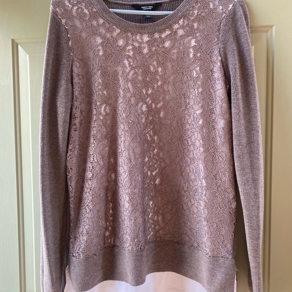Very pretty lace overlay sweater. Toupe color. Size medium.